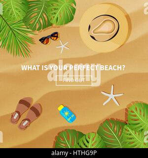 Vettore banner piatta con sabbia texture di sfondo frasi.Qual è la tua spiaggia perfetta e scopri . Vista superiore di foglie tropicali, cappello, occhiali da sole, sandalo Illustrazione Vettoriale