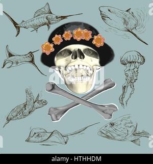 Il cranio del pirata e la vita subacquea - un disegnati a mano il vettore. Schizzi a mano libera. Illustrazione Vettoriale