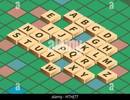 Vettore parola isometrica puzzle game. Alfabeto su piastrelle in legno in proiezione isometrica. Scheda di gioco sullo sfondo Illustrazione Vettoriale
