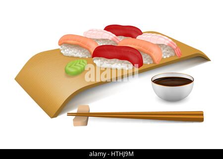 Set di sushi di tonno, salmone e gamberetti nigiri sulla tavola di legno blocco. Servire con bacchette, wasabi e salsa di soia per una persona. Collezione di t giapponese Illustrazione Vettoriale