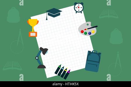 Carta per notebook con forniture scolastiche su sfondo verde. Si torna a scuola concetto. Posto per testo o elenco. Il concetto di istruzione con copia spazio. Vettore Illustrazione Vettoriale