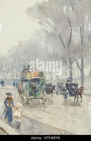 "Park Lane with Omnibus" di Rose Maynard Barton raffigura una vivace scena di strada londinese, con un omnibus che viaggia lungo Park Lane. Il dipinto cattura l'energia della vita cittadina, mostrando il movimento del traffico e dei pedoni, insieme alla vivacità della Londra del XIX secolo. Foto Stock
