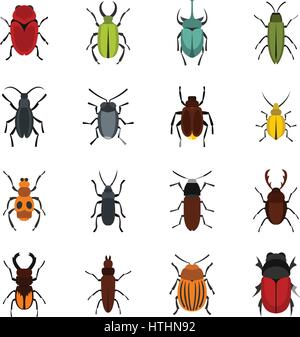 Bug impostare le icone in stile piatto isolato su sfondo bianco Illustrazione Vettoriale