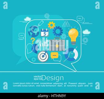 Concetti di consulenza di design. Una infografica in stile di linea con piatto Imposta icona azienda, illustrazione vettoriale. Illustrazione Vettoriale