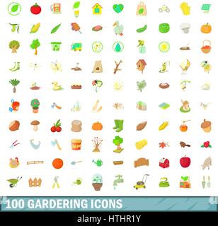 100 gardering set di icone in stile cartoon per qualsiasi design illustrazione vettoriale Illustrazione Vettoriale