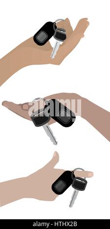 Tenere in mano le chiavi della macchina tre posizioni da scegliere. Illustrazione su bianco facile separare lo sfondo per il tuo design Illustrazione Vettoriale