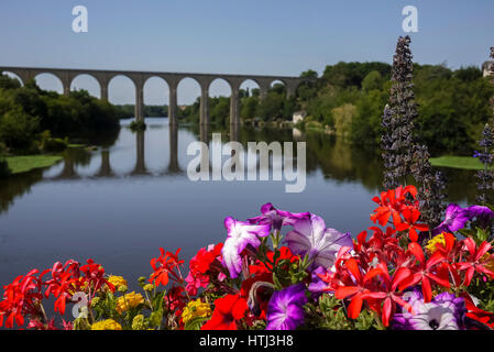 Fiori colorati nei pressi di un viadotto sul fiume Vienne, l'Isle-Jourdain, Francia Foto Stock