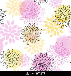 Abstract floral seamless pattern con acquarello blot e fiori su sfondo bianco Foto Stock