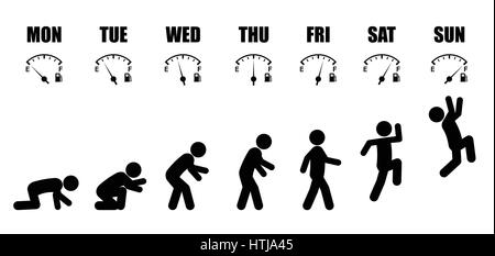 Abstract di lavoro Ciclo di vita a partire da lunedì a domenica concept a bacchetta nera figura stile su sfondo bianco con indicatore del livello del combustibile Illustrazione Vettoriale