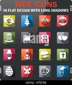 Vacanze set di icone in design piatto con lunga ombra Illustrazione Vettoriale