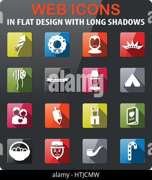 Vacanze set di icone in design piatto con lunga ombra Illustrazione Vettoriale