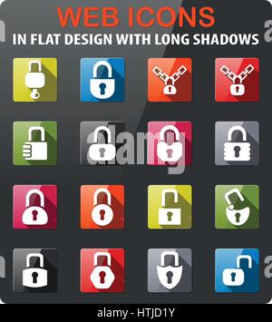 Icone di bloccaggio impostata nel design piatto con lunga ombra Illustrazione Vettoriale