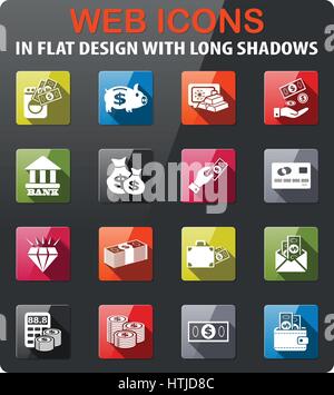 Mano e denaro set di icone in design piatto con lunga ombra Illustrazione Vettoriale
