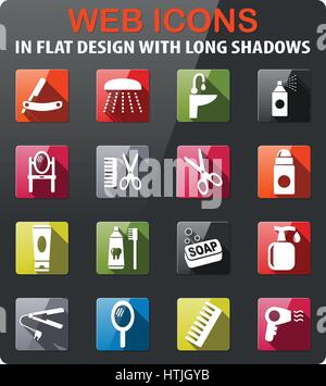 La cura personale set di icone in design piatto con lunga ombra Illustrazione Vettoriale