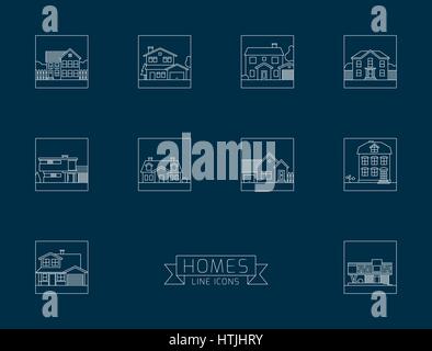 Varietà di edifici residenziali square line icone Illustrazione Vettoriale