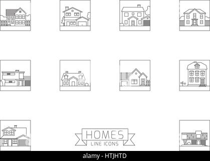 Varietà di edifici residenziali square line icone Illustrazione Vettoriale