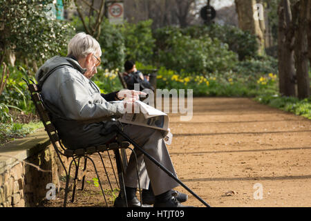 Un vecchio uomo seduto su una panchina nel parco leggendo un giornale, nel sole primaverile, a Gordon Square, London, Regno Unito Foto Stock