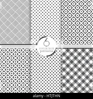 Modello senza giunture. Set di sei astratti sfondi testurizzato. Moderno ed elegante texture. Ripetono regolarmente e ornamenti geometrici con forme differenti. Illustrazione Vettoriale