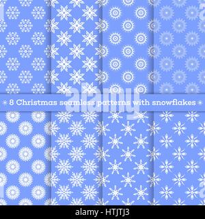 Modello senza giunture. Set di otto astratti sfondi invernali. Festa di Natale le texture con i fiocchi di neve. I pattern possono essere usati come sfondo, wallpape Illustrazione Vettoriale