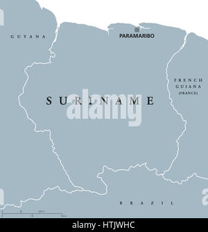 Suriname mappa politico con Capitale Paramaribo, i confini nazionali e i paesi vicini. Anche il Suriname, una repubblica e il paese del Sud America. Foto Stock