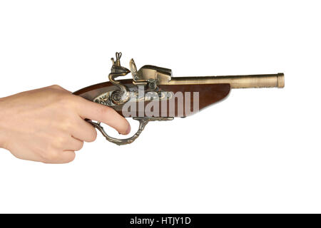 Vecchia pistola flintlock isolati su sfondo bianco Foto Stock
