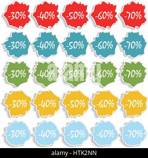 Un set di adesivi colorati in forma di blot, sconti dal trenta al settanta per cento, illustrazione vettoriale. Illustrazione Vettoriale