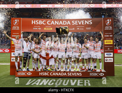 Vancouver, British Columbia, Canada. Xii Mar, 2017. Inghilterra vince oro durante il 2017 HSBC Canada Sevens alla BC Place Stadium il 12 marzo 2017 a Vancouver, BC, Canada. Punteggio finale Inghilterra 19, Sudafrica 7. Credito: Andrew mento/ZUMA filo/ZUMAPRESS.com/Alamy Live News Foto Stock