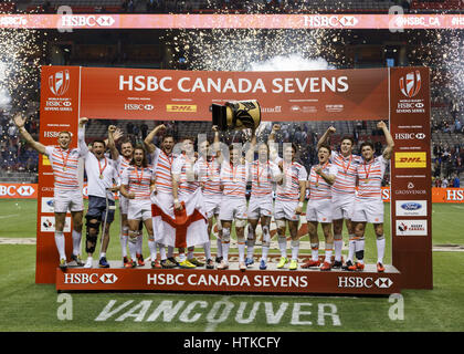 Vancouver, British Columbia, Canada. Xii Mar, 2017. Inghilterra vince oro durante il 2017 HSBC Canada Sevens alla BC Place Stadium il 12 marzo 2017 a Vancouver, BC, Canada. Punteggio finale Inghilterra 19, Sudafrica 7. Credito: Andrew mento/ZUMA filo/ZUMAPRESS.com/Alamy Live News Foto Stock