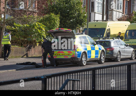 Winchester, Hampshire, Regno Unito. 13 marzo, 2017. Winchester centro chiuso a causa di gravi incidenti di polizia. Credito: Sarà Bailey/Alamy Live News Foto Stock