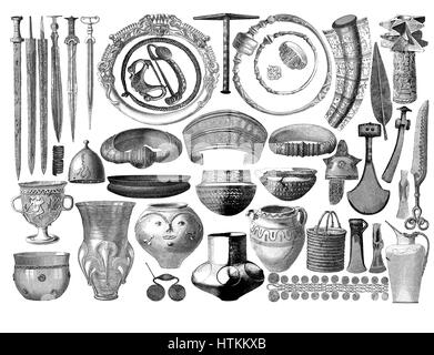 Incisione di artefatti di riproduzione, armi, gioielli, ceramiche , strumenti trovati nelle tombe preistoriche in Germania Foto Stock