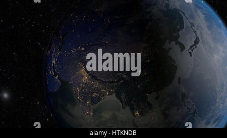 La parte asiatica del mondo. 3D render di terra con le luci della città. Zone notte illuminata dalla luna. Gli elementi di questa immagine fornita dalla NASA. Foto Stock