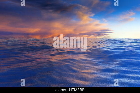 Ocean al di sotto della blu e arancione cielo nuvoloso. 3D render illustrazione. Foto Stock