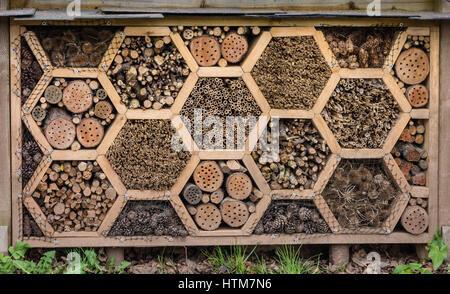 Una pila di fauna selvatica realizzato per fornire luoghi o rifugi per wild creature a vivere nella morte e degrado di materiali legnosi che imitano le caratteristiche naturali. Foto Stock