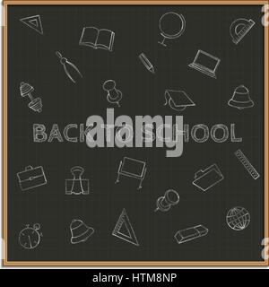 Si torna a scuola insieme di scuola gli articoli realizzati con gesso su una lavagna, illustrazione vettoriale. Illustrazione Vettoriale
