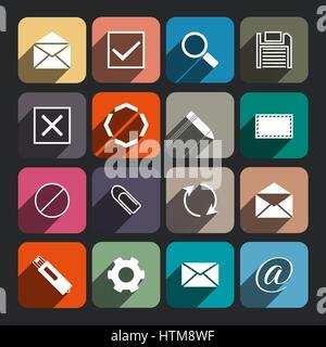 Set di icone di sedici e-mail con una diagonale lunga ombra, illustrazione vettoriale. Illustrazione Vettoriale