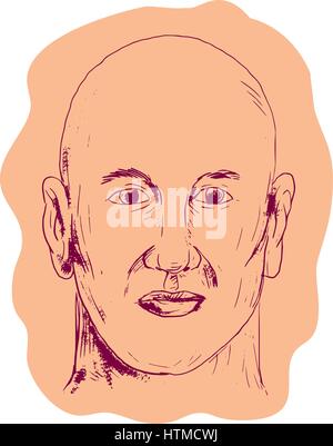 Disegno stile sketch illustrazione della testa di un calvo maschio caucasico guardando dalla parte anteriore impostato su isolato sullo sfondo bianco. Illustrazione Vettoriale