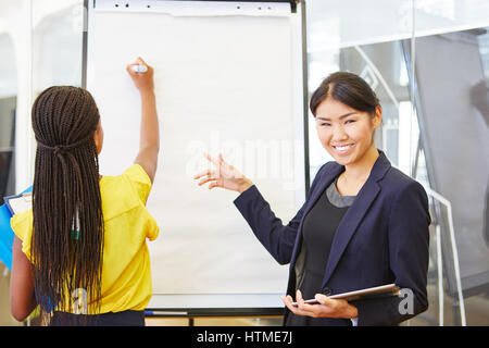 Imprenditrici nella consulenza presentazione mostra la soluzione aziendale idee Foto Stock