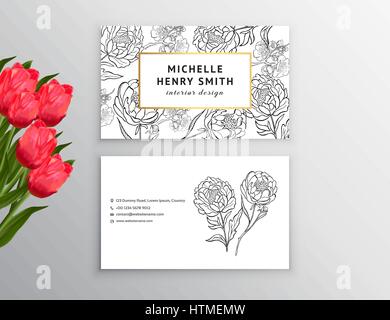 Business card template, elemento di design. Può essere utilizzato anche per i biglietti di auguri, banner, inviti, poster. Fiori decorativi,peonia, i tulipani Illustrazione Vettoriale