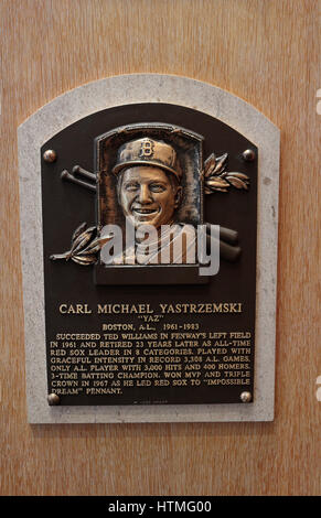 Targa commemorativa per Carl Yastrzemski nella Hall of Fame Gallery, National Baseball Hall of Fame & Museum, Cooperstown, NY, STATI UNITI D'AMERICA. Foto Stock