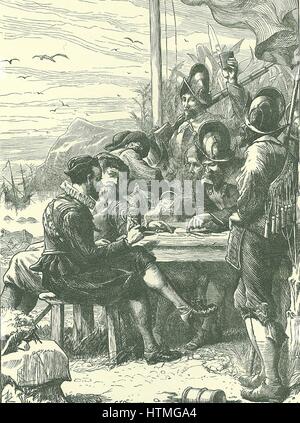 Walter Raleigh (1552-1612) inglese cortigiano e navigator, con i membri della sua spedizione sull isola di Trinidad, 1595. Fine del XIX secolo illustrazione c1890. Foto Stock