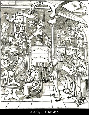 La personificazione della musica da Gregor Reisch 'Margarita Philosophica', Strasburgo, 1508. In primo piano a sinistra l'uomo svolge un organo portatile, al di sopra di lui è un uomo giocando un clarsach o arpa celtica, al di sopra di lui un liuto come strumento viene giocato. In alto a sinistra un ragazzo gioca il tubo. Foto Stock