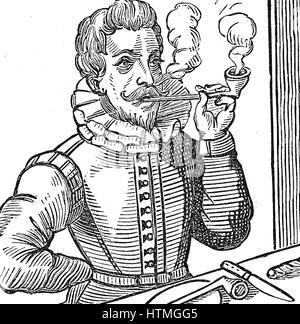 Walter Raleigh (1552-1612) cortigiano inglese e il navigatore. Favorito di Elisabetta I. fratellastro di Humphrey Gilbert. Ha detto di aver introdotto il tabacco e le patate in Inghilterra. Xix secolo la xilografia. Foto Stock