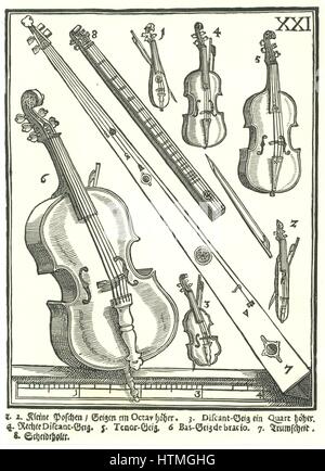 Violini e strumenti correlati. l e 2: Pocket violini, 3: Treble violino, 4: degli alti standard di violino, 5: il tenore violino, 6: Bass Vioi, 7: Trumscheit, 8: Scheidtholst. Xilografia da Michael Praetorius 'Syntagma Musicum", 1615-1620. Foto Stock