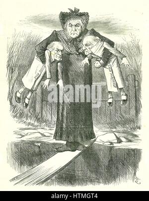 'Set verso il basso due e portano uno ".?: Gladstone, il Primo ministro britannico, in un dilemma su quale delle controverse fatture irlandese di accantonare. John Tenniel cartoon da 'Foratura', Londra, 3 aprile 1886. Foto Stock