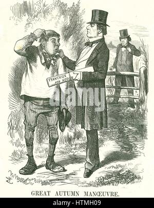 "Grande manovra d'Autunno": Gladstone pensato che alla fine il voto deve essere dato ai braccianti agricoli (Hodge ha). In questo momento il suo premiership era fragile e Disraeli è in attesa di prendere il suo posto. John Tenniel cartoon da 'Foratura', Londra, 9 agosto 1873. Foto Stock