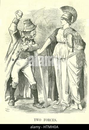 "Due forze': Irish Land League fuorilegge. Britannia protegge Hibernia (Irlanda) con la forza del diritto contro la forza di anarchia. John Tenniel cartoon da 'Foratura', Londra, 29 ottobre 1881. Foto Stock