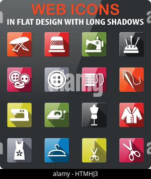 Sartoria set di icone in design piatto con lunga ombra Illustrazione Vettoriale