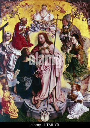 Maestro della Pala del St Bartholemew c.1499. San Tommaso, DoubtingThomas, ponendo la mano in Cristo la ferita. Sulla sinistra, san Girolamo, sulla destra Sant Ambrogio e di santa Maria Maddalena. Dio Padre, con la colomba dello Spirito Santo, guarda verso il basso. Angelo in basso a destra pla Foto Stock