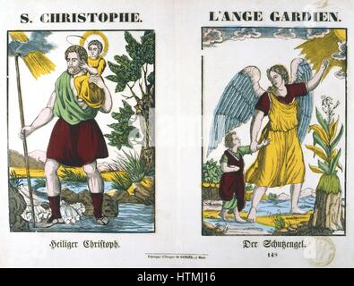 St Christopher, il leggendario gigante, portando Cristo attraverso il fiume. Christopher significa Cristo portatore, il fiume era la morte (sinistra). Un angelo custode (destra) del XIX secolo Foto Stock