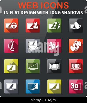 Vettore funzionalità TV set di icone in design piatto con lunga ombra Illustrazione Vettoriale